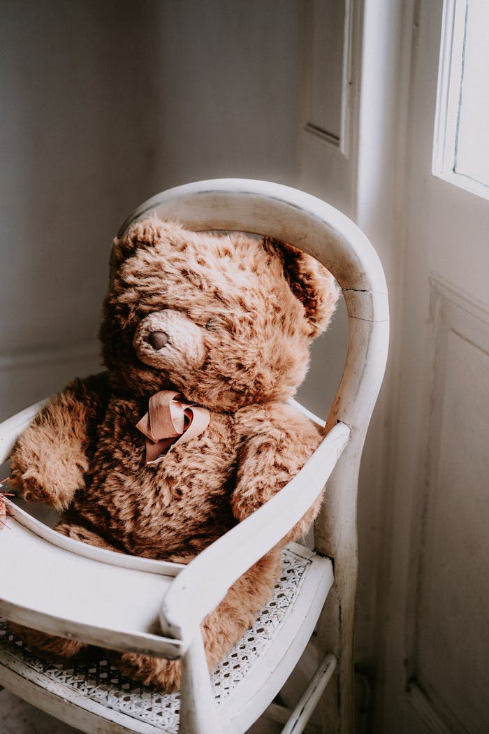 A plush teddy bear sits charmingly on a vintage white chair, bathed in soft natural light.