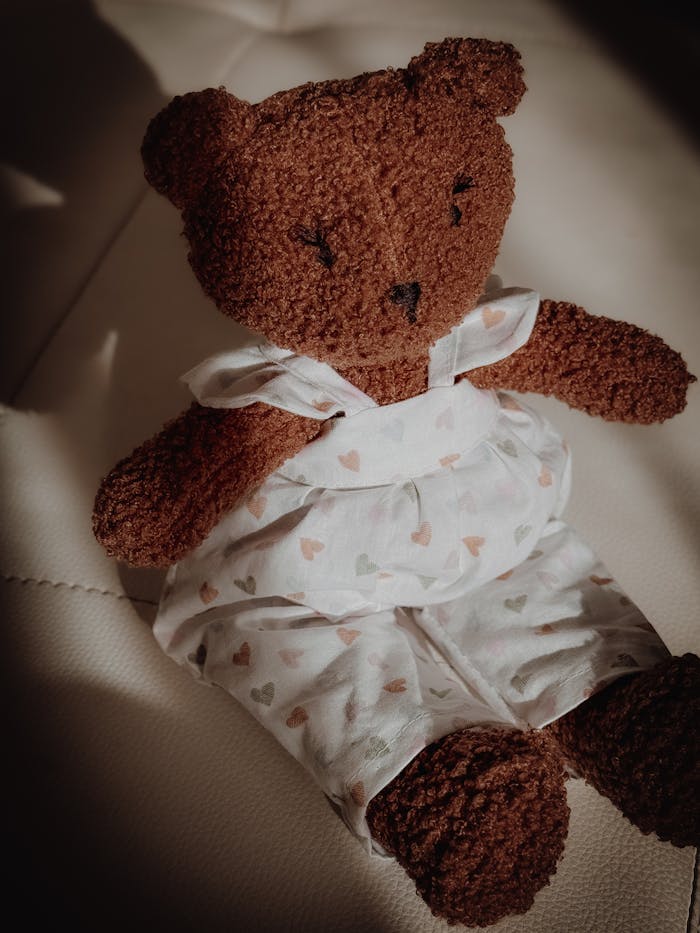 portfolio-img-02 A cuddly brown teddy bear sits comfortably on a soft chair, dressed in heart-patterned clothes.